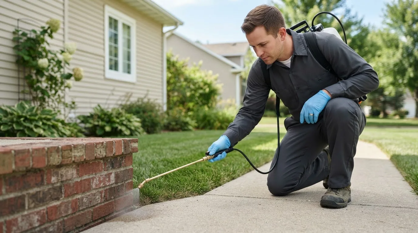 Pest control technician treating a home near Keego Harbor, MI