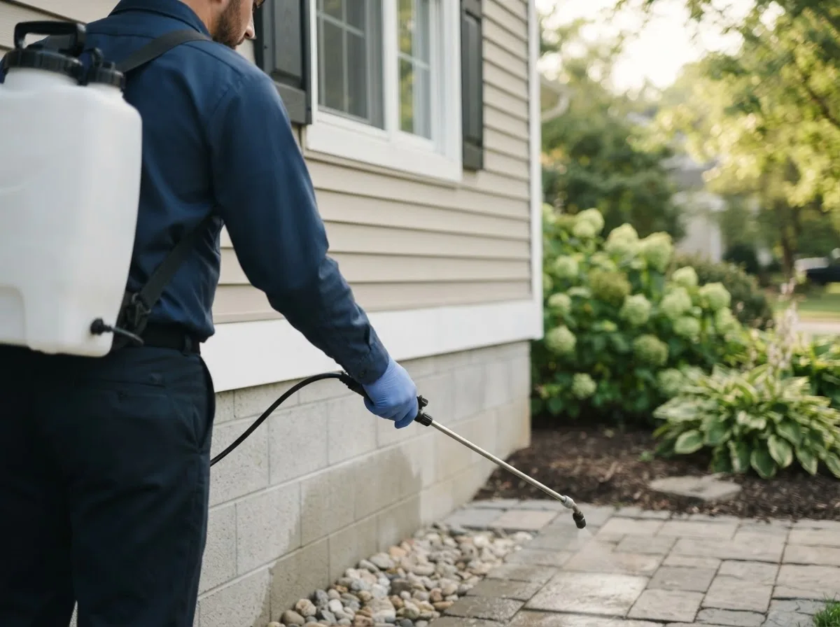 Pest control technician inspecting a home in Keego Harbor, MI